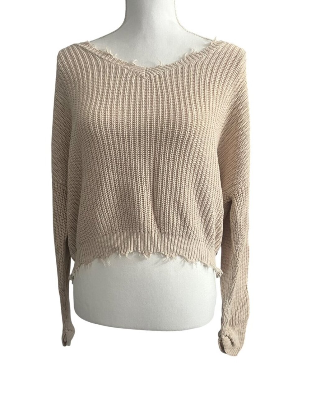 Jessica Simpson Oatmeal Beige Distressed Cropped Chunky Knit Sweater Womens M